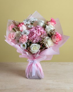 Show details for Pink Hydrangea & Mixed Roses Bouquet Picture of Pink Hydrangea & Mixed Roses Bouquet