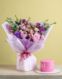 Show details for Pink Ohara Rose & Spray Rose Bouquet With Cake Picture of Pink Ohara Rose & Spray Rose Bouquet With Cake