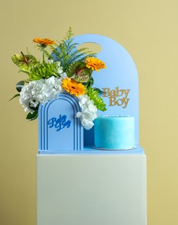Show details for Baby Boy Sunshine Basket with Cake Picture of Baby Boy Sunshine Basket with Cake