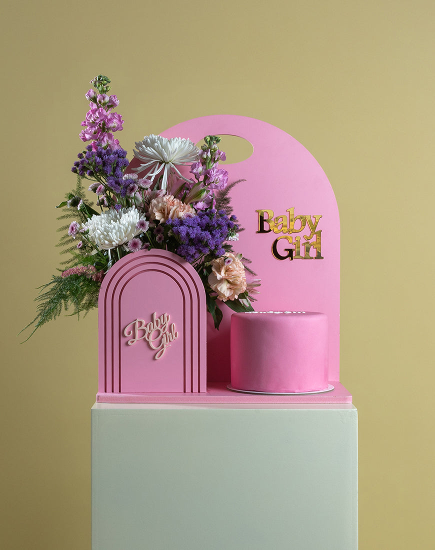 Baby Girl Pink Garden Basket with Cake