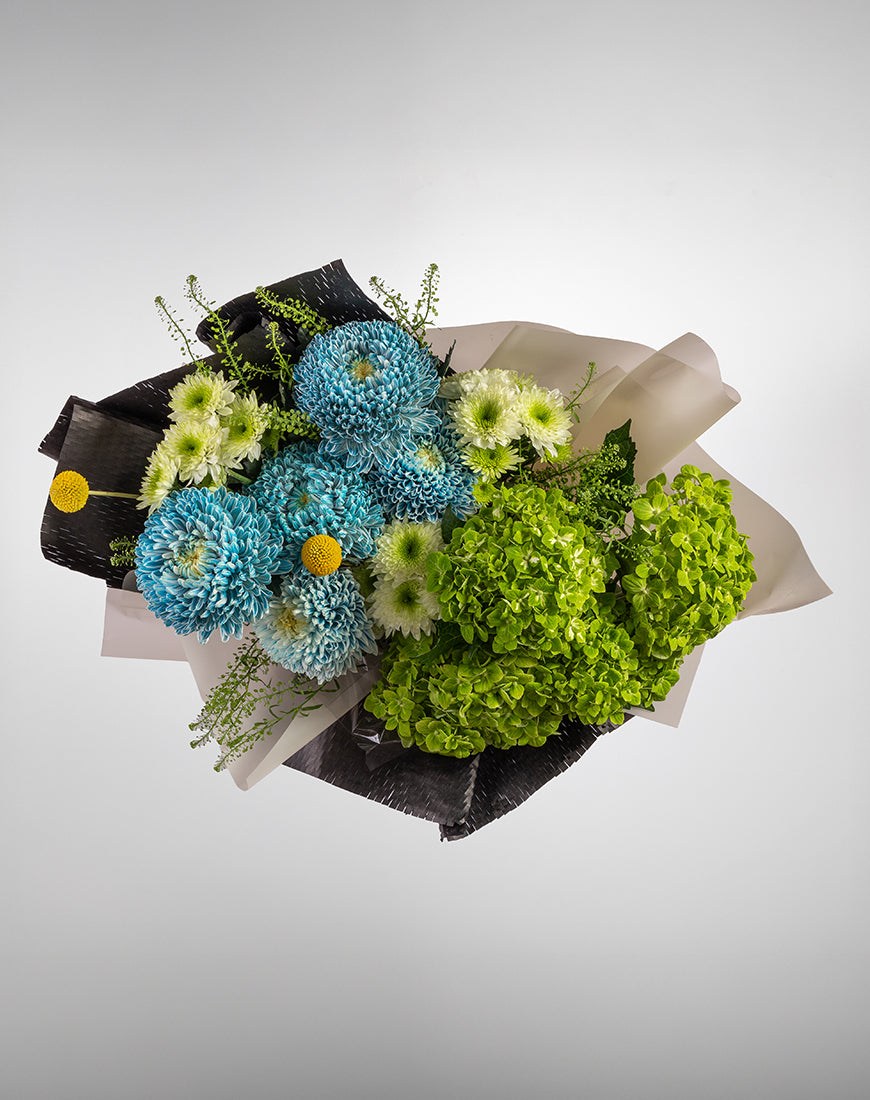 Blue & Green Hydrangea With Spray Chrysanthemum - Image 2