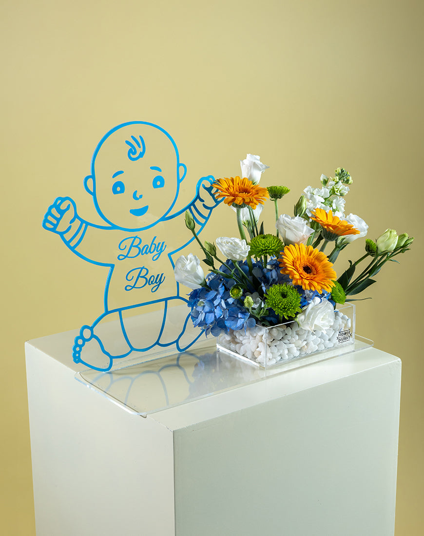 Blue Hydrangea & Gerbera Baby Boy Tray with Vector - Image 2