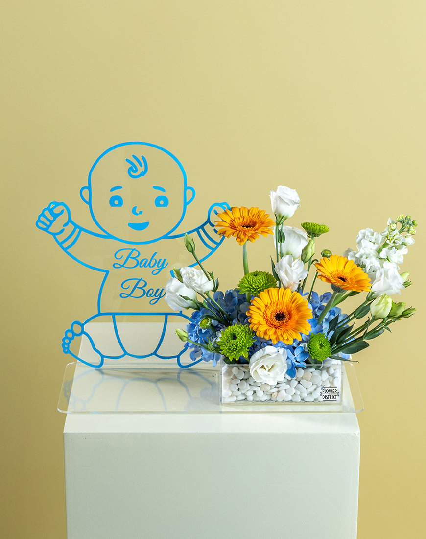 Blue Hydrangea & Gerbera Baby Boy Tray with Vector - Image 4
