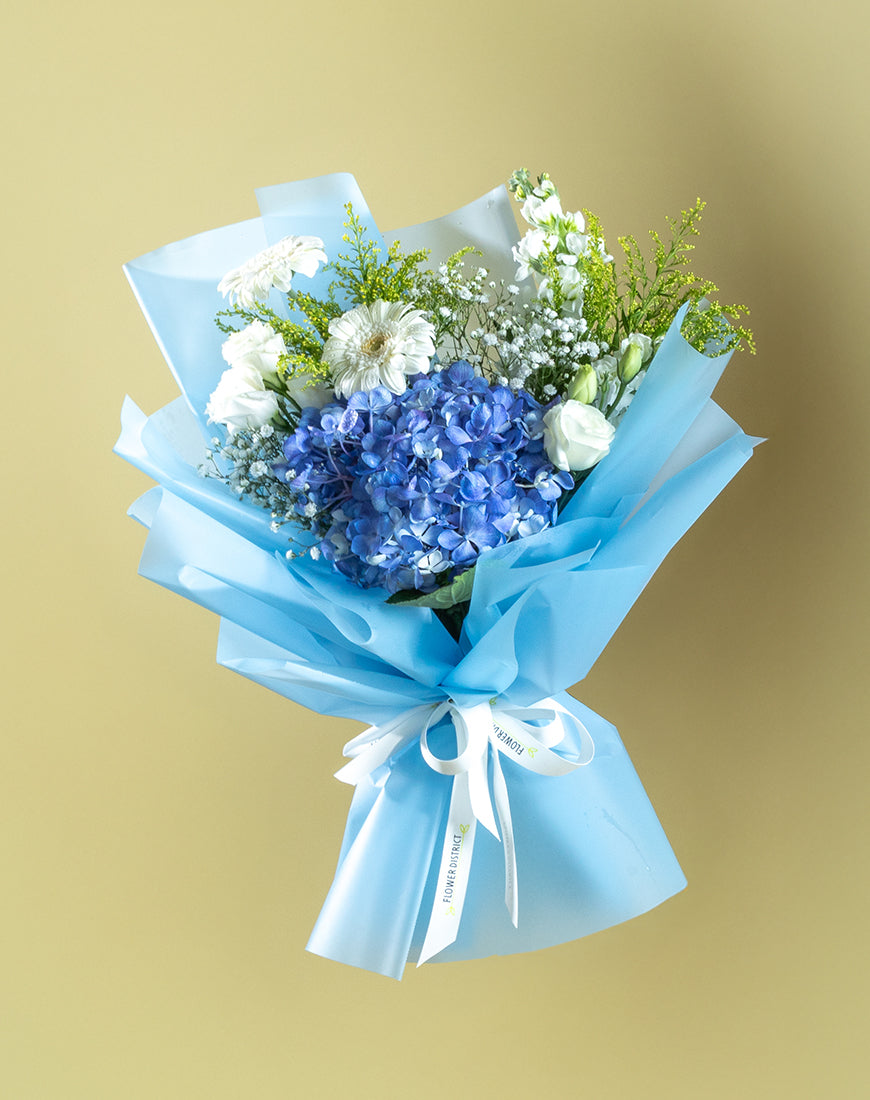 Blue Hydrangea & White Lisianthus Bouquet