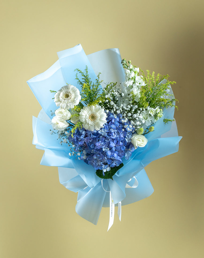 Blue Hydrangea & White Lisianthus Bouquet - Image 2