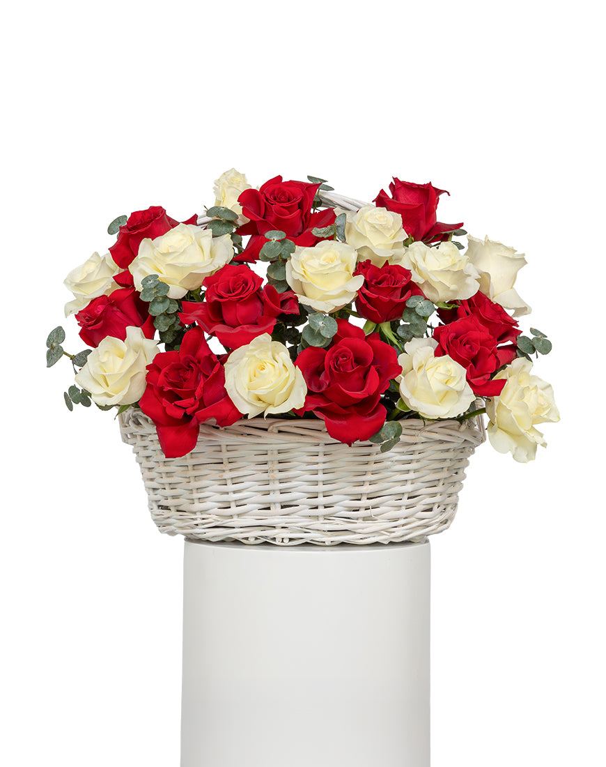 Classic Charm Medium Red And White Rose Basket Arrangement