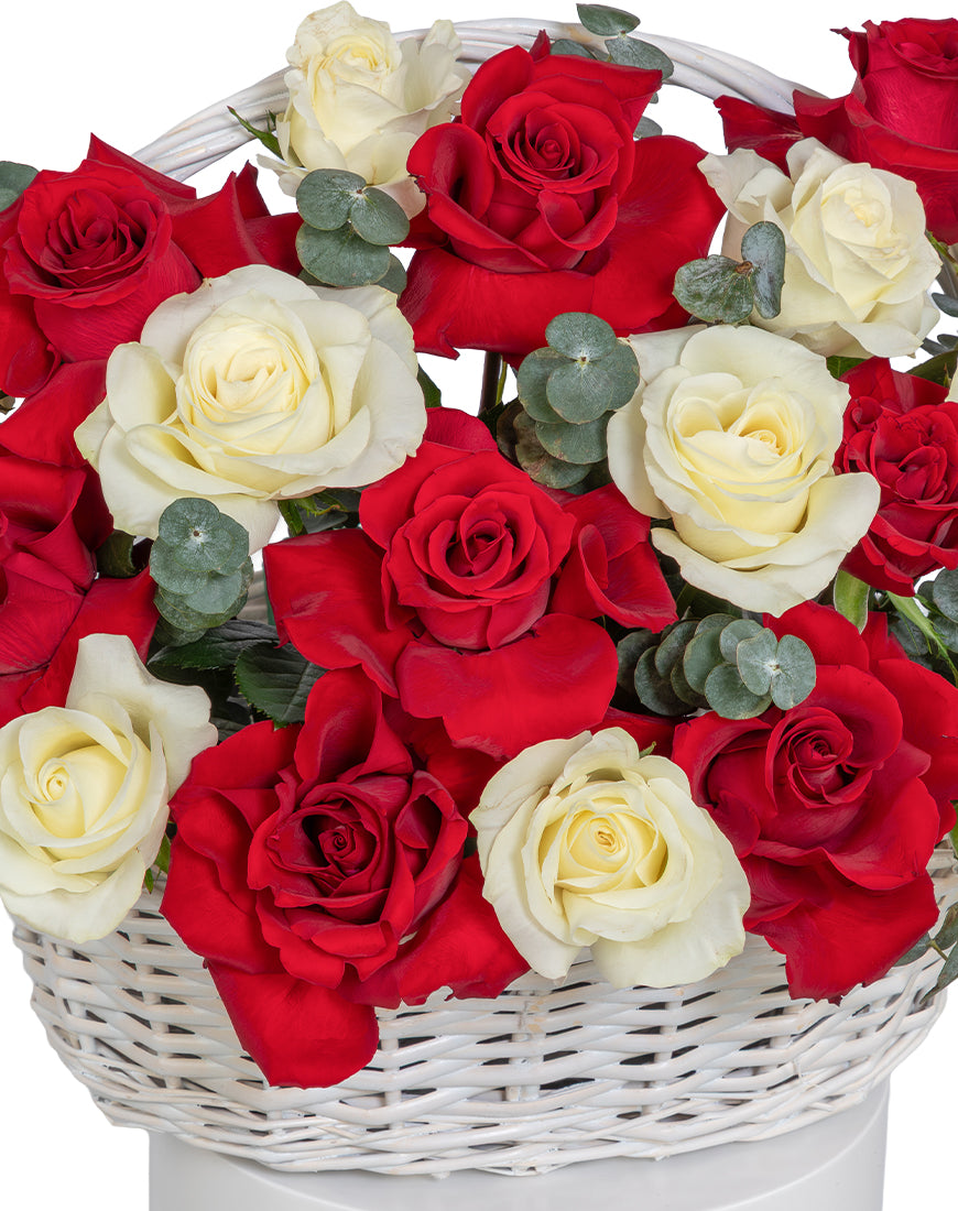 Classic Charm Medium Red And White Rose Basket Arrangement - Image 2