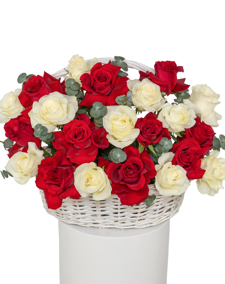 Classic Charm Medium Red And White Rose Basket Arrangement - Image 3