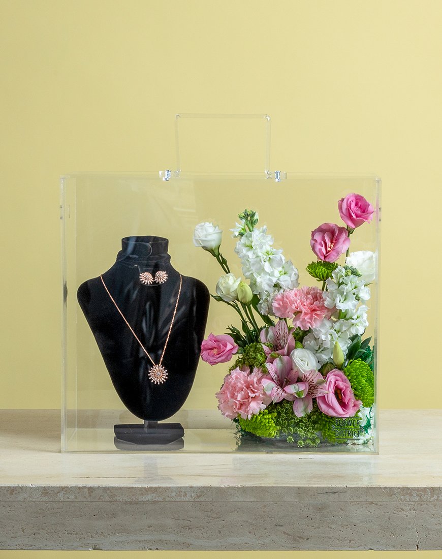 Elegant Pink & White Floral Gift With Necklace & Box