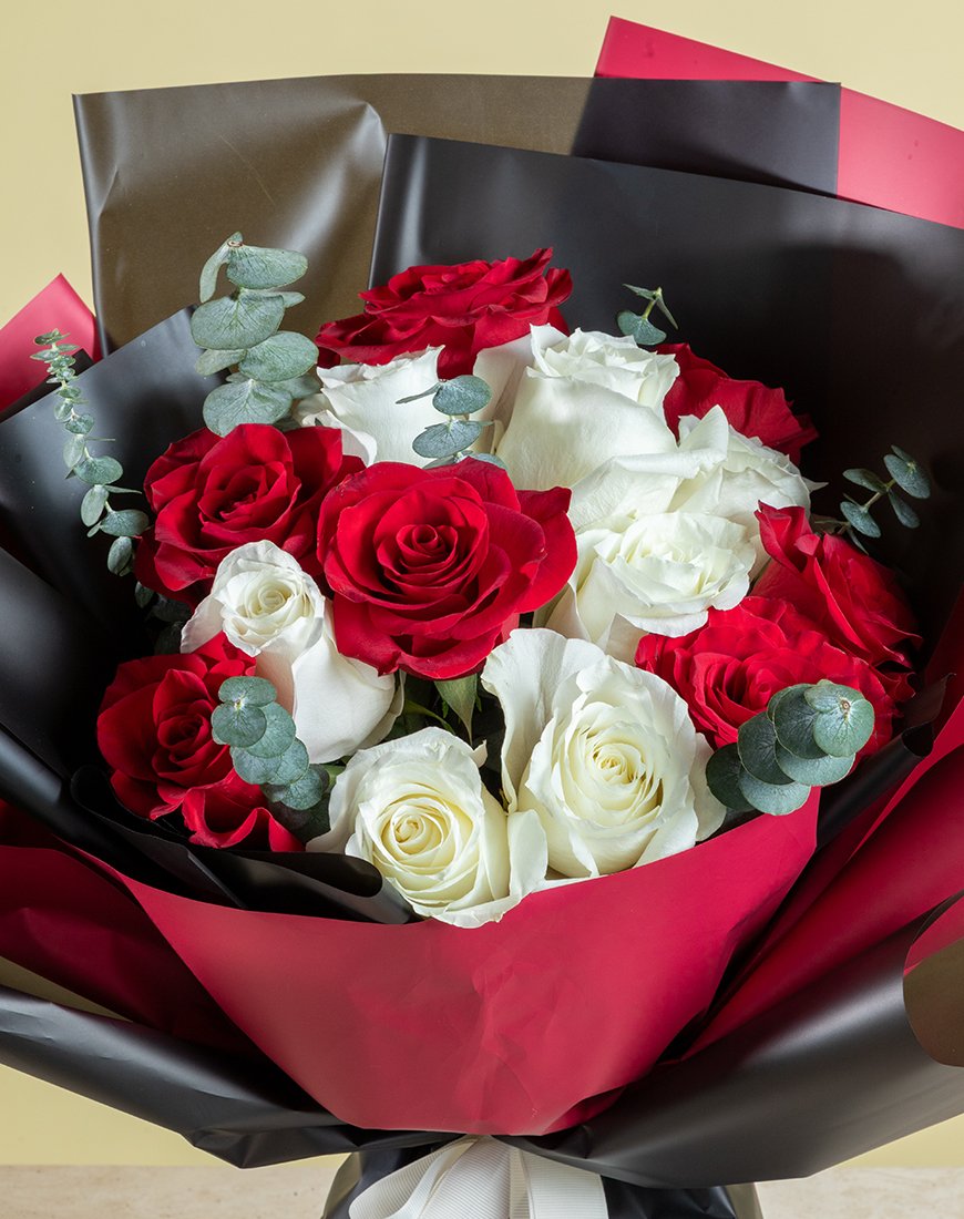 Elegant Red & White Rose Bouquet With Eucalyptus - Image 2