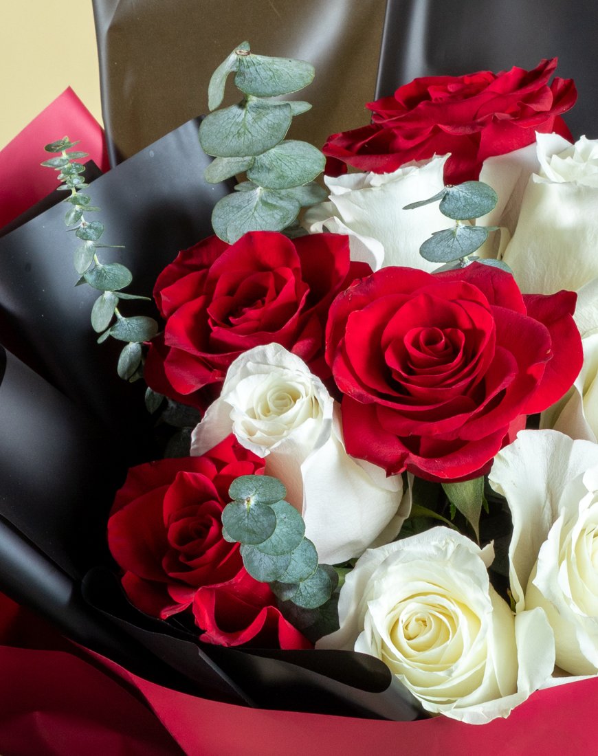 Elegant Red & White Rose Bouquet With Eucalyptus - Image 3