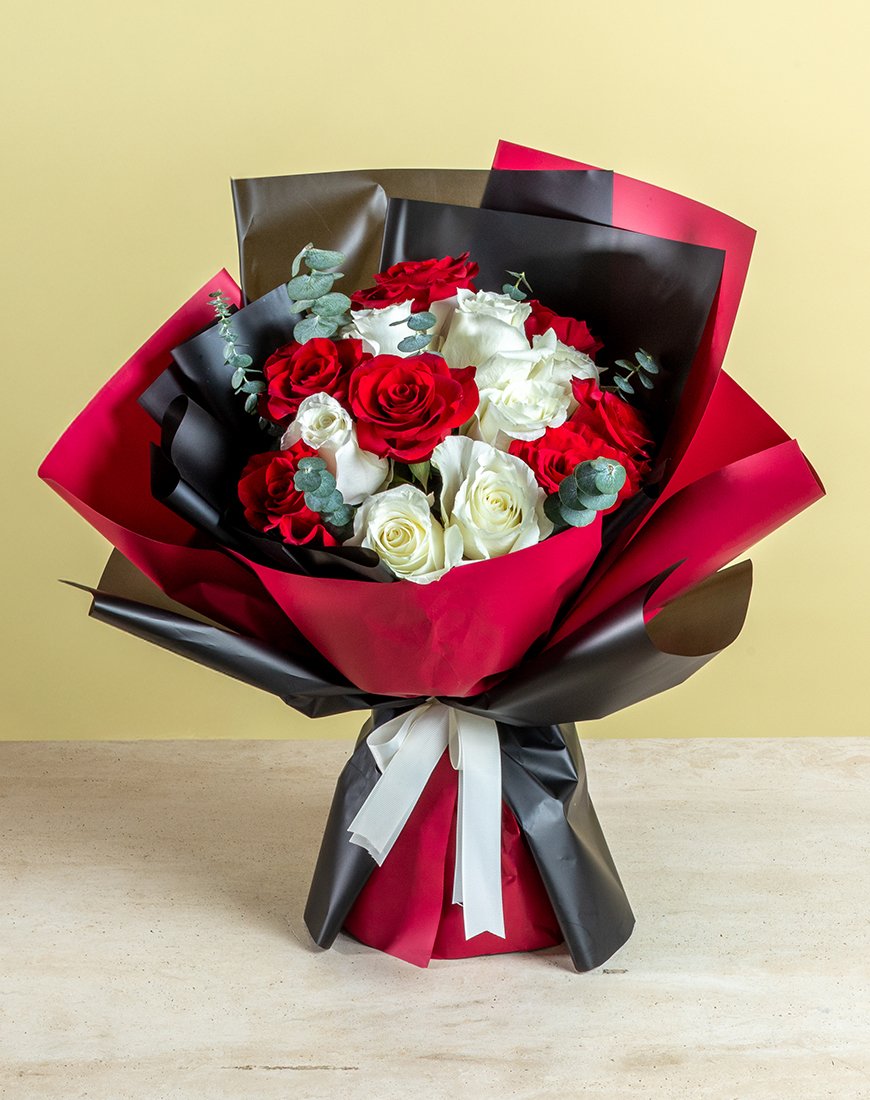 Elegant Red & White Rose Bouquet With Eucalyptus - Image 4