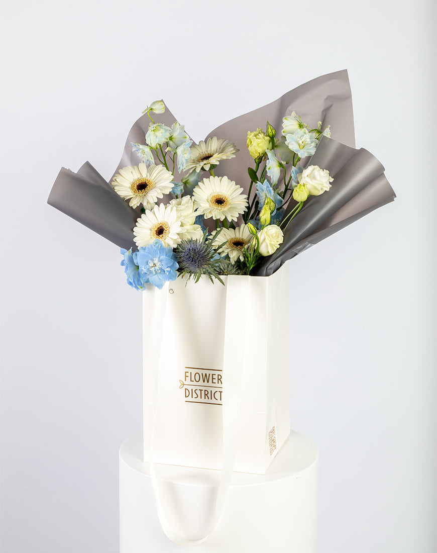 Gerbera & Delphinium Blue Small Bag Arrangement - Image 2