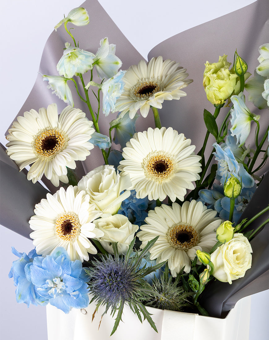 Gerbera & Delphinium Blue Small Bag Arrangement - Image 3