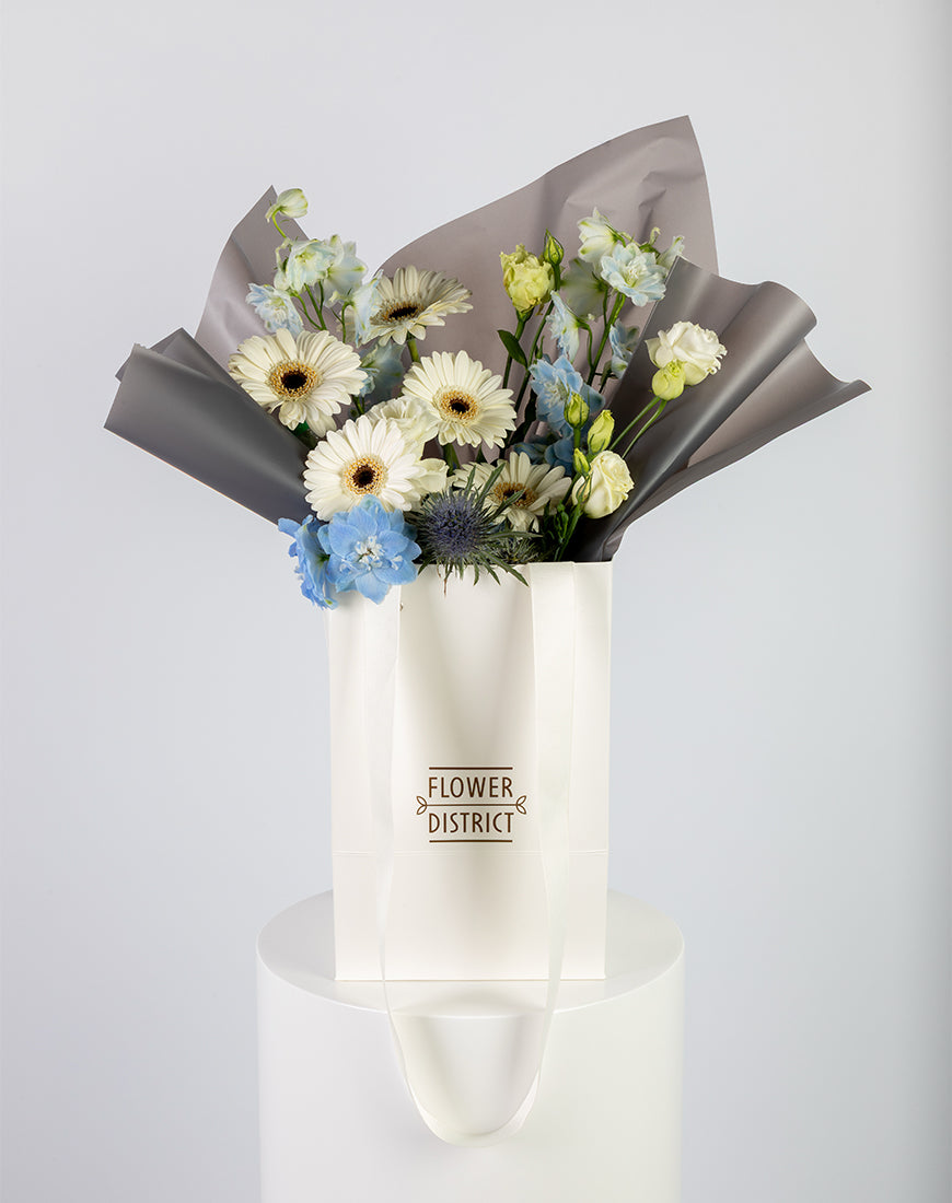 Gerbera & Delphinium Blue Small Bag Arrangement - Image 5