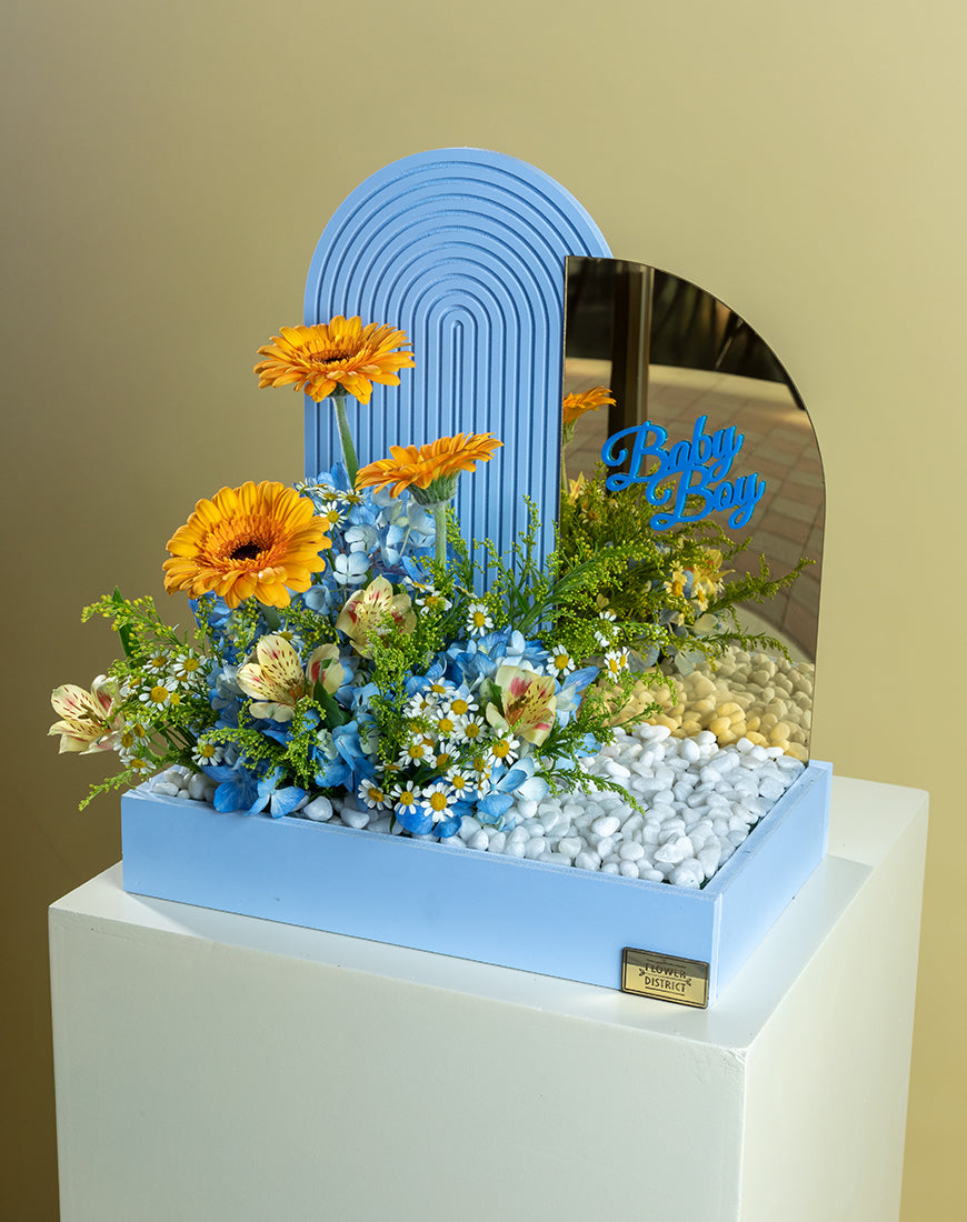 Hydrangea Blue & Gerbera Baby Boy Basket with Mirror - Image 2