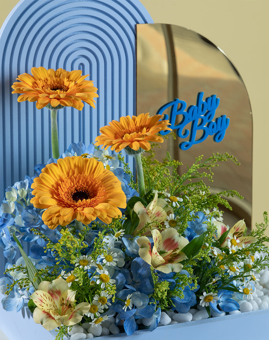 Hydrangea Blue & Gerbera Baby Boy Basket with Mirror - Image 3
