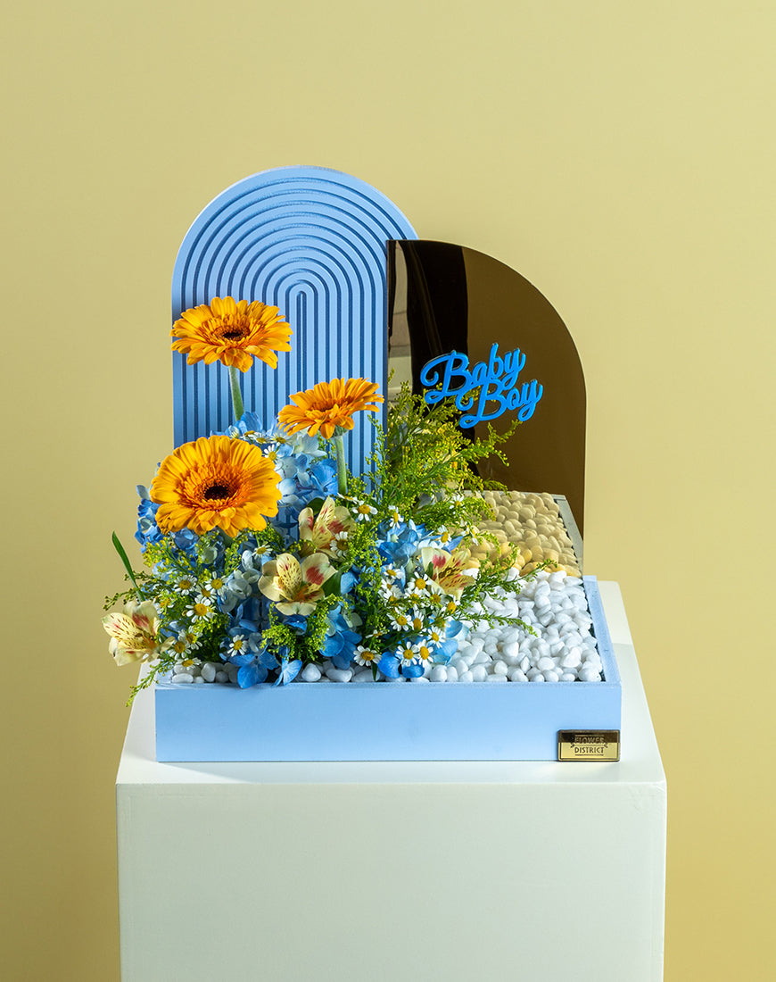 Hydrangea Blue & Gerbera Baby Boy Basket with Mirror - Image 4