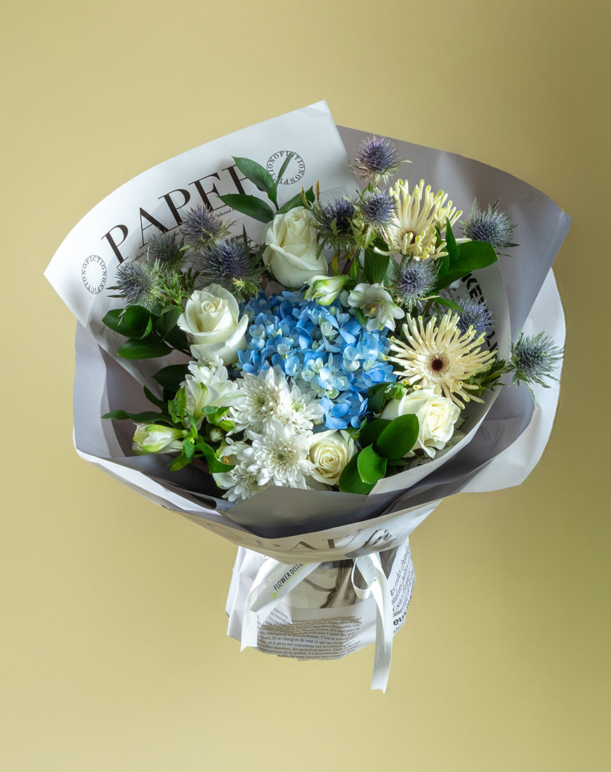 Hydrangea Blue & White Rose Bouquet - Image 2