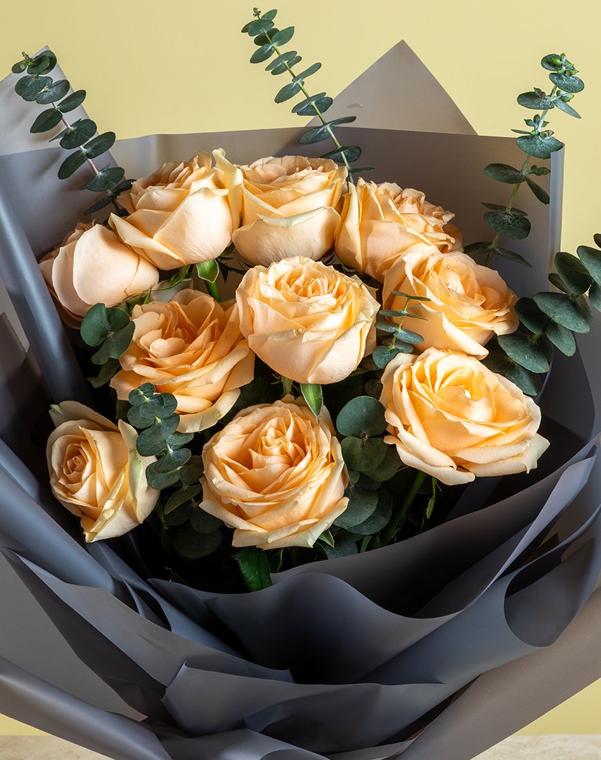 Peach Rose And Eucalyptus Bouquet - Image 2