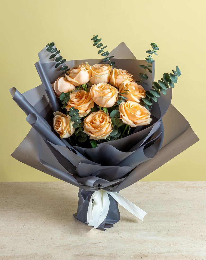 Peach Rose And Eucalyptus Bouquet - Image 4