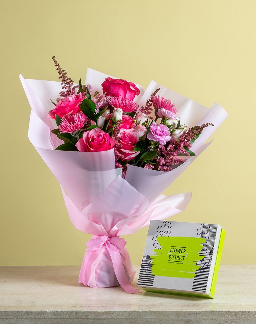 Pink Radiance Rose Bouquet With Pecan Caramel Box