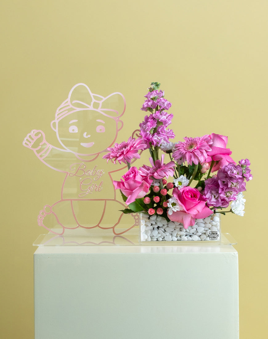 Pink Rose & Mathiola Baby Girl Tray with Vector