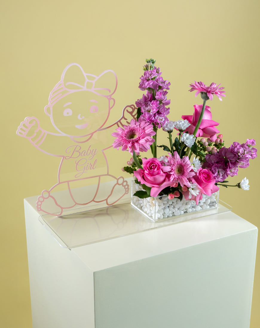 Pink Rose & Mathiola Baby Girl Tray with Vector - Image 2