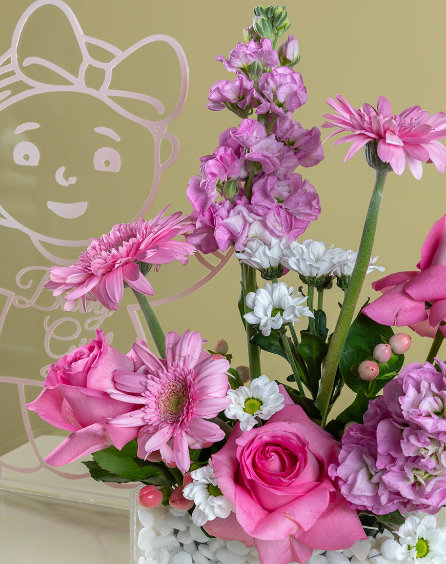 Pink Rose & Mathiola Baby Girl Tray with Vector - Image 3