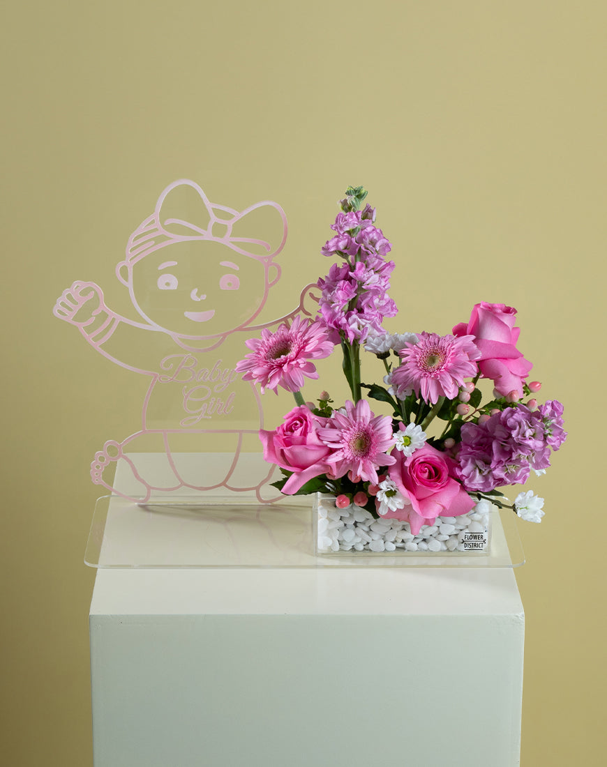 Pink Rose & Mathiola Baby Girl Tray with Vector - Image 4