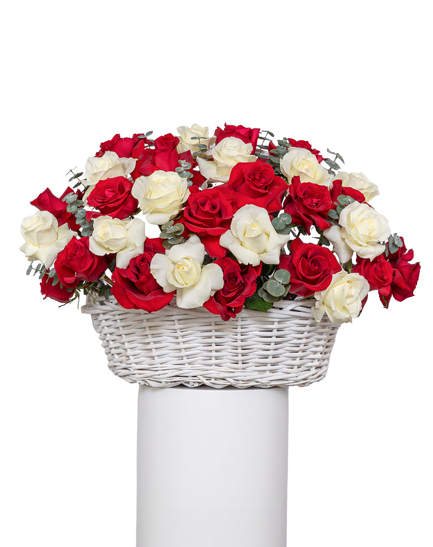 Red And White Charm Large Rose Basket Arrangement