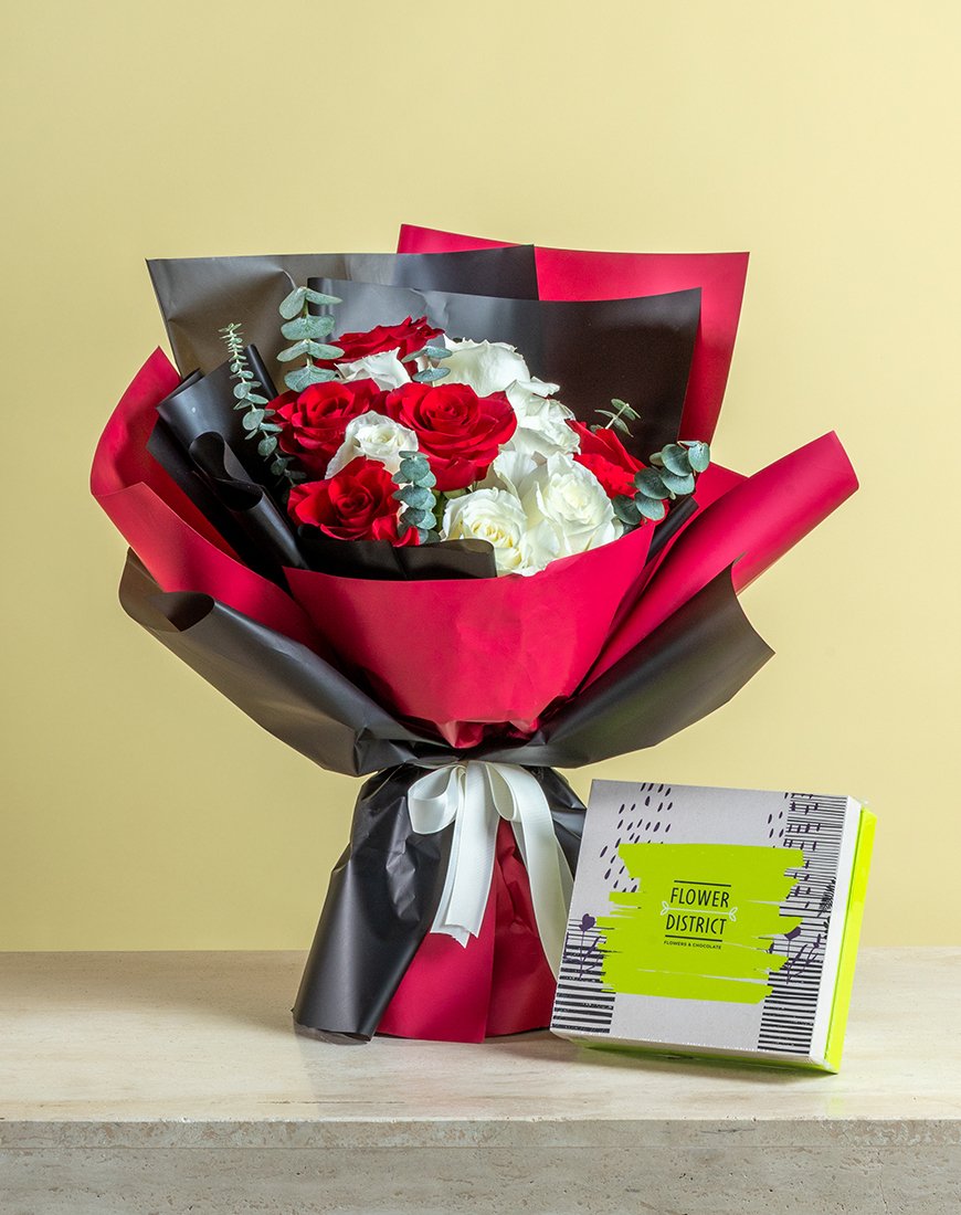 Red & White Rose Bouquet With Eucalyptus And Pecan Treat