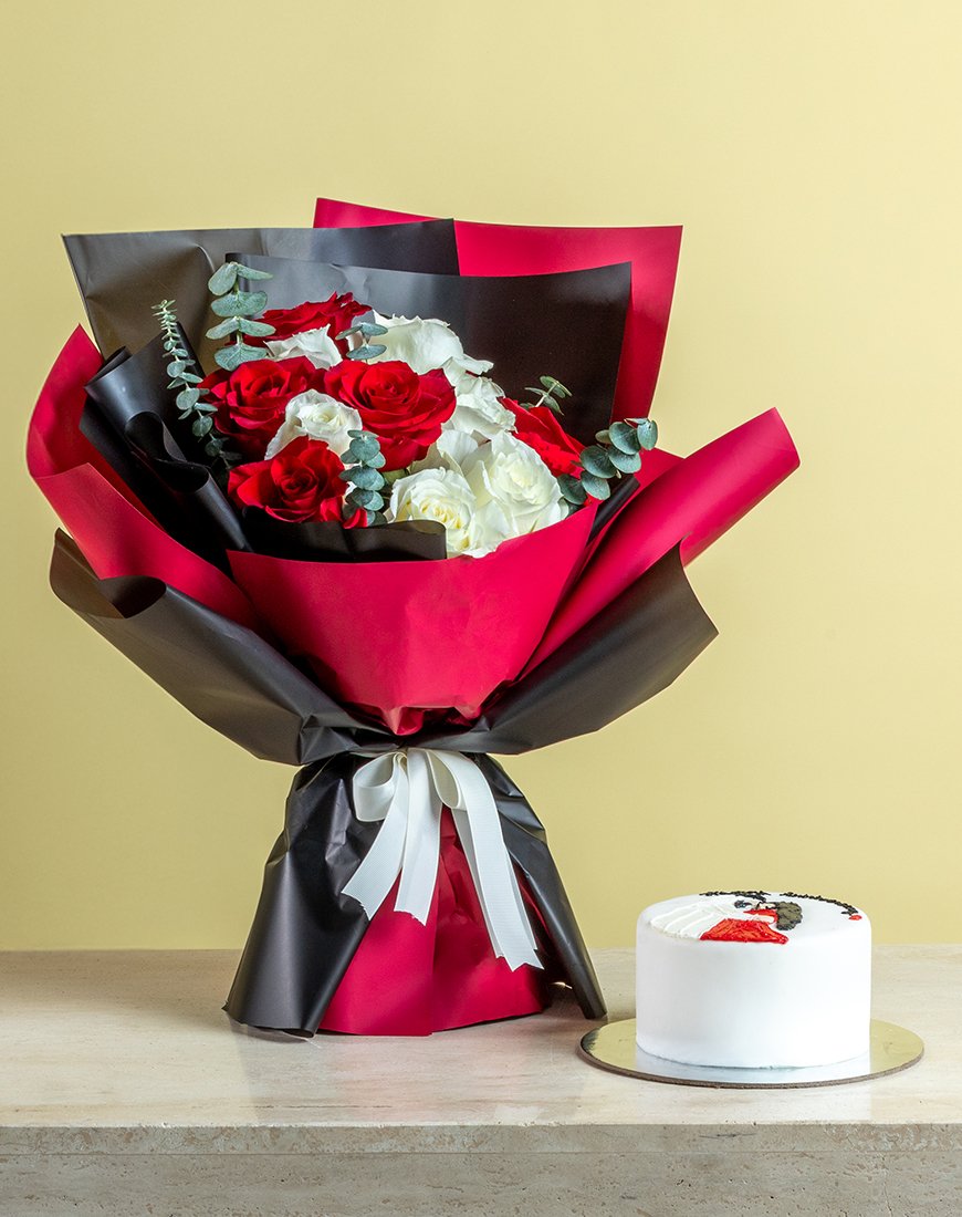 Red & White Rose Celebration Bouquet With Mini Cake