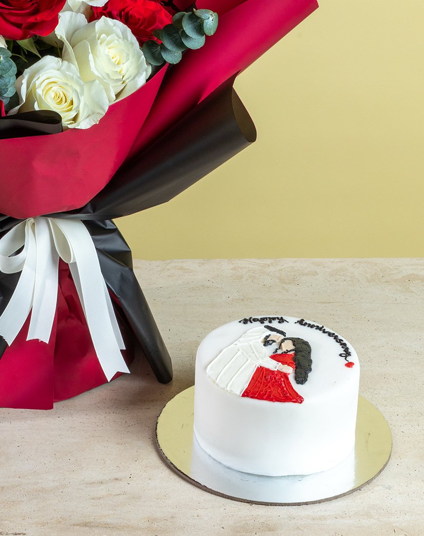 Red & White Rose Celebration Bouquet With Mini Cake - Image 2