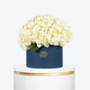 White Hydrangea in Large Blue Box Arrangement