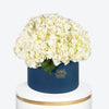 White Hydrangea in Large Blue Box Arrangement
