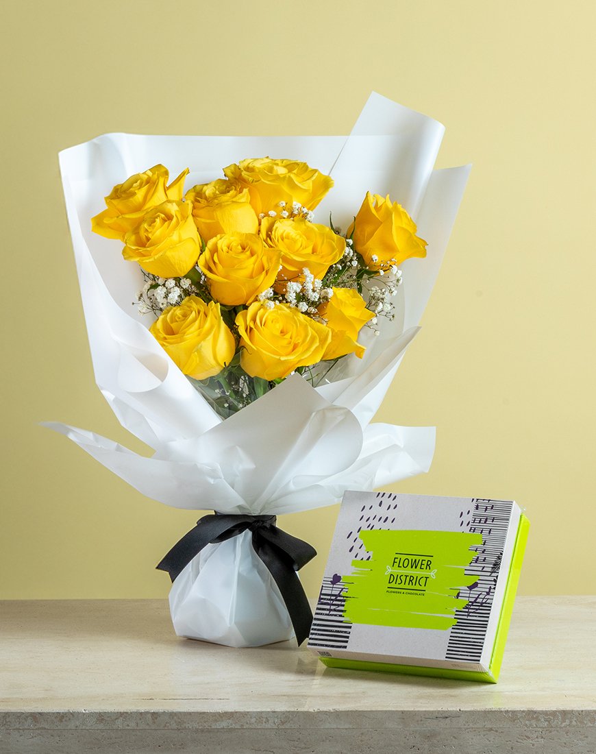 Yellow Rose & Gipso Bouquet With Pecan Delight