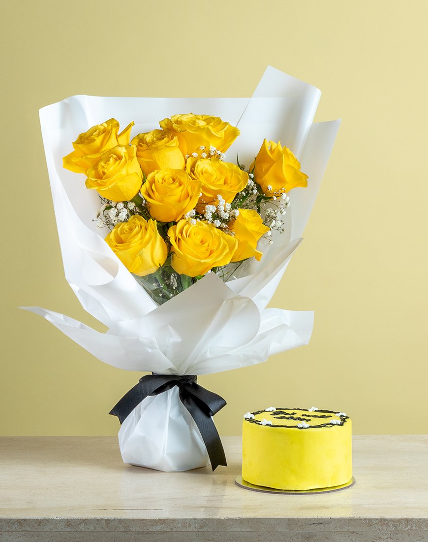 Yellow Rose & Gipso Celebration Cake Bouquet