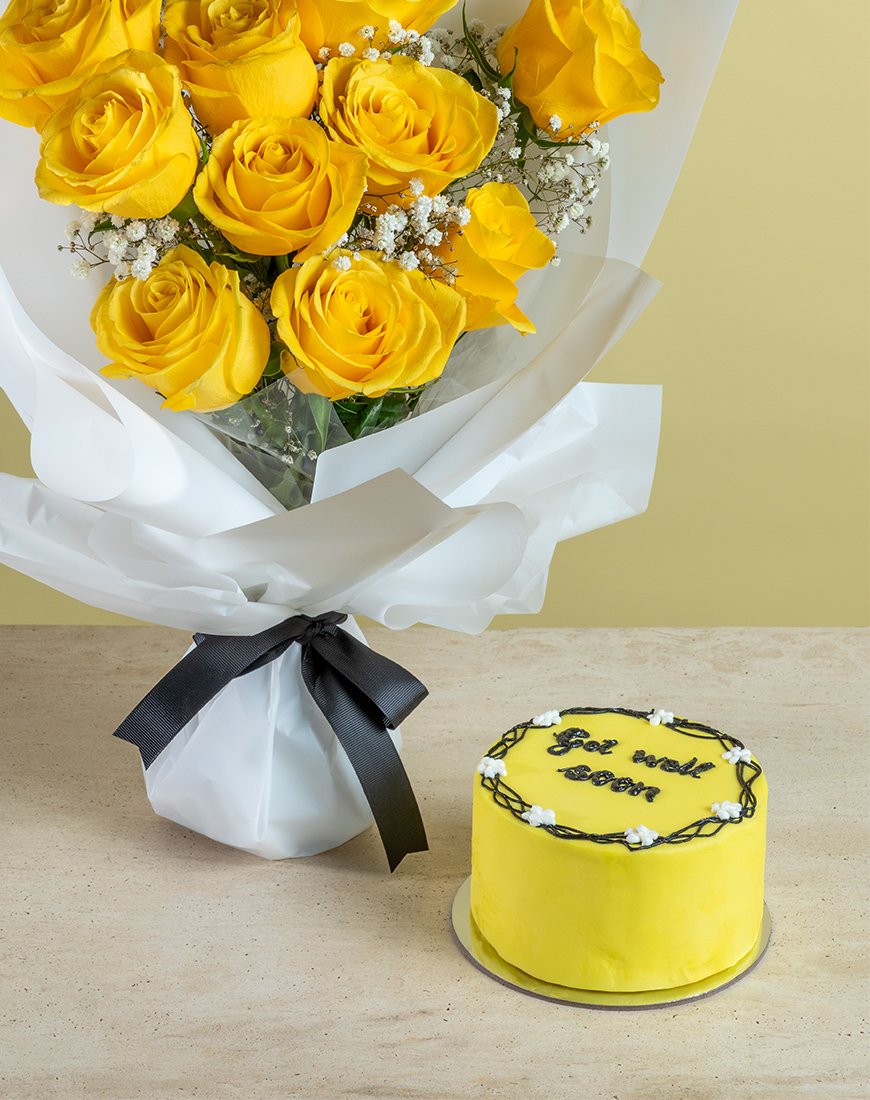 Yellow Rose & Gipso Celebration Cake Bouquet - Image 2