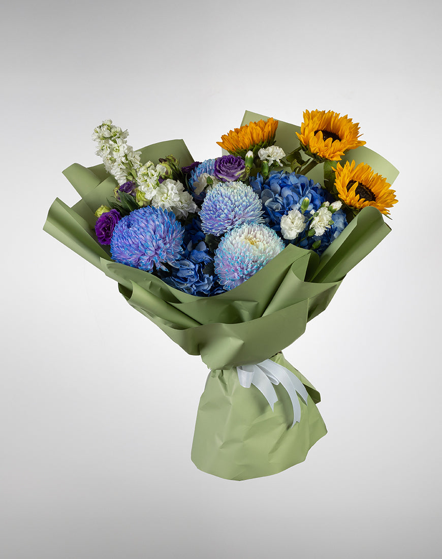 Yellow Sunflower & Blue Hydrangea Bouquet