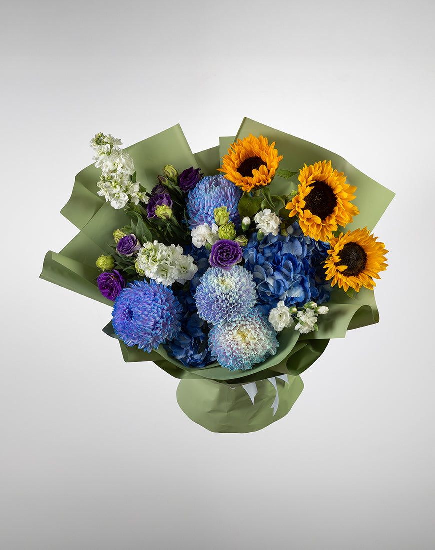 Yellow Sunflower & Blue Hydrangea Bouquet - Image 2