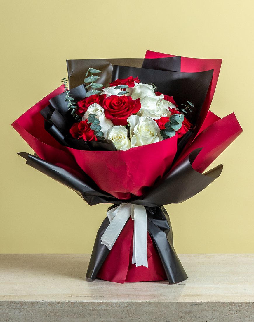 Picture of Elegant Red & White Rose Bouquet With Eucalyptus