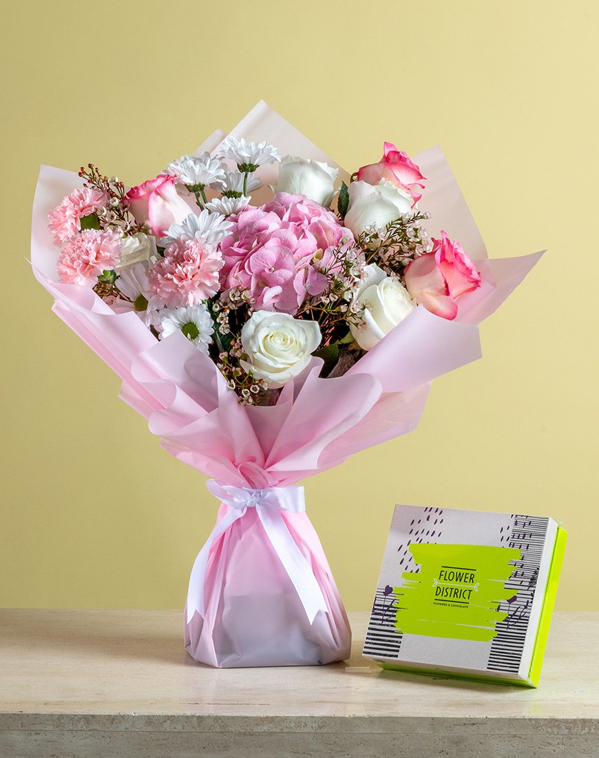 Picture of Pink Hydrangea & Rose Gift Bouquet With Chocolate