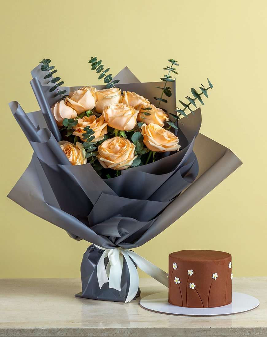 Picture of Peach Rose & Eucalyptus Bouquet With Cake